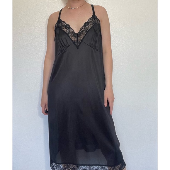 Vintage | 90s Black Lace Trim Slip Dress - Picture 2 of 10